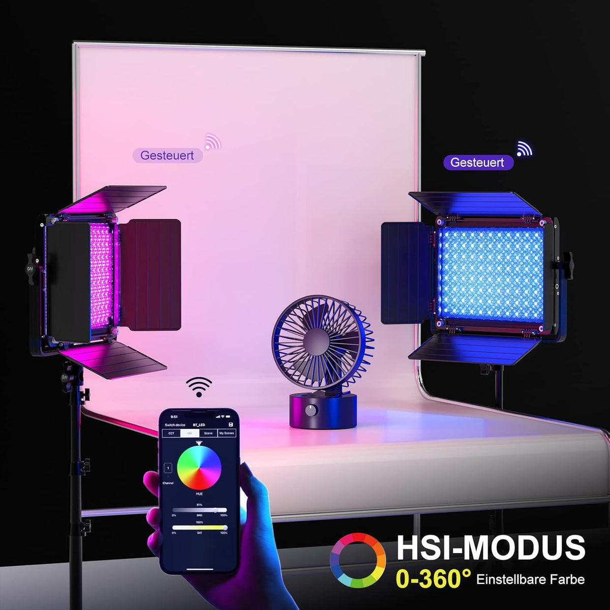 GVM RGB videolichtpaneel met softbox, 45 W led-fotografielamp met lichtstatief, app-bediening, 15000 lux/0,5 m, 3200 K-5600 K, studio-continu licht voor video-opnames, YouTube Streaming, CRI97+ 18