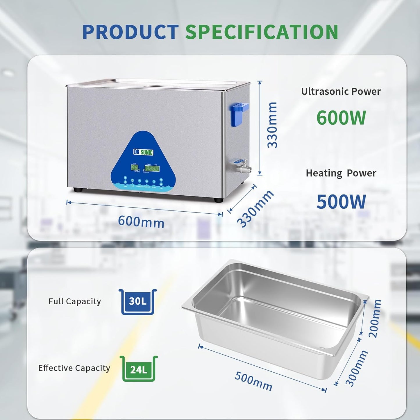 DK SONIC Industriële Ultrasoon Reiniger, 30L 600W Geluidsreiniger met Verwarming & Timer, Digitale Bediening voor Motoren, Carburateurs, Kettingen (Inclusief Mandje)