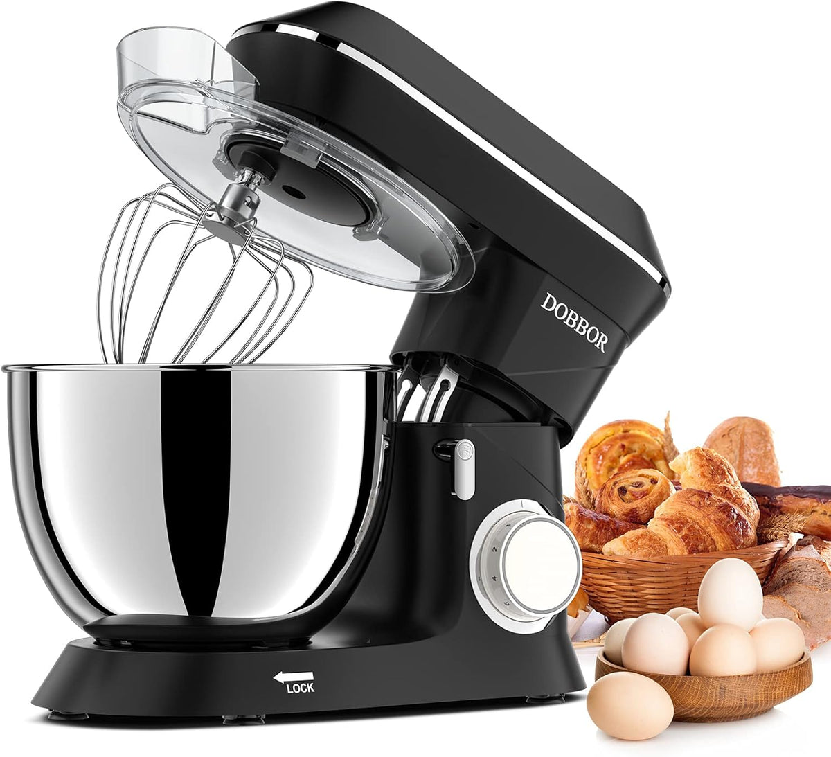 9.5L Keukenmachine kneedmachine 1500W, DOBBOR mixer met garde, deeghaak, klopper, spatbescherming, 7 snelheden planetair mengsysteem, stil en multifunctioneel