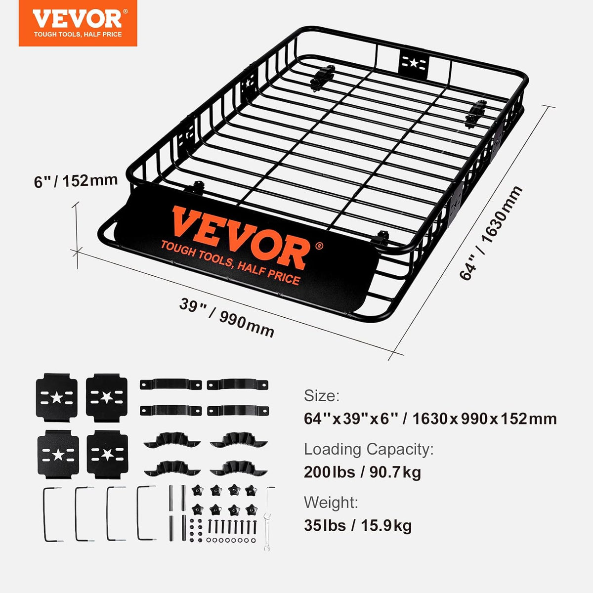 VEVOR Dak Rack Mand Auto Dak Mand Universele 1630 x 990 x 152 mm, Dak Rack Tub 90 kg Laadvermogen Rail Carrier Cargo Bagage Rack Zwart voor Camping, Barbecue, Auto Travel