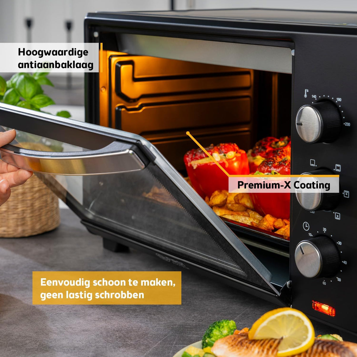 TZS First Austria - Minibakoven 35L 1600W - Mini Bakoven Pizzaoven traploze temperatuurregeling tot 230°C & antiaanbaklaag - Minioven 60 min. timer, 3 inschuifhoogtes, bakplaat & grillrooster