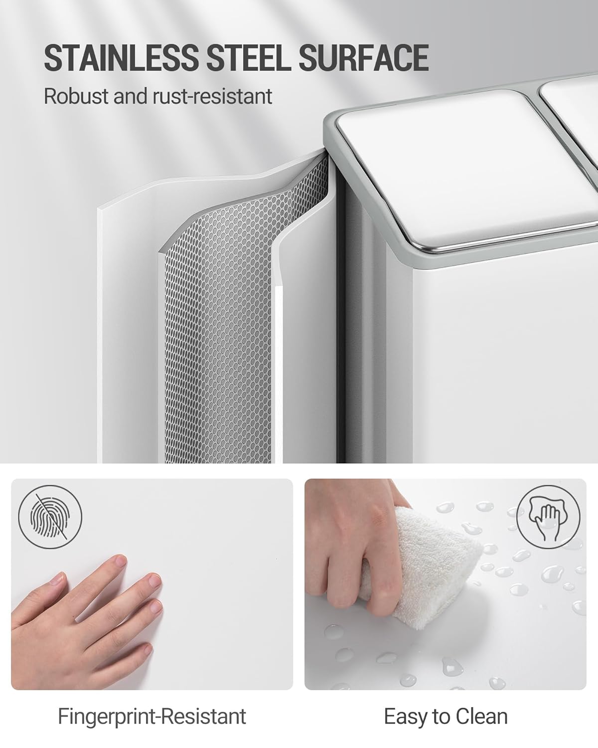 Hzuaneri Garbage Separation System for Kitchen, 3 Compartments, 45 L (3 x 15 L), Stainless Steel Kitchen Waste Bin, Pedal Bin with Colour-Codable Pedals, Waste Bin, Quiet Slow Descent, White
