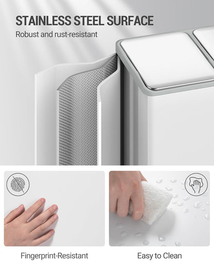Hzuaneri Garbage Separation System for Kitchen, 3 Compartments, 45 L (3 x 15 L), Stainless Steel Kitchen Waste Bin, Pedal Bin with Colour-Codable Pedals, Waste Bin, Quiet Slow Descent, White