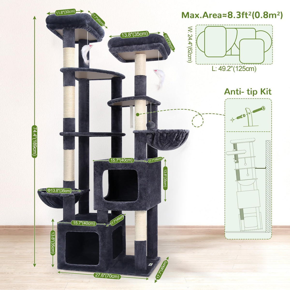 Kattenboom – Krabpaal – Kattenmeubel – Klimpaal – XXL Kattenboom – Donkergrijs – Extra Grote Kattenhuizen 45x40x35 cm – 189 cm Hoog Met 3 Brede Platforms