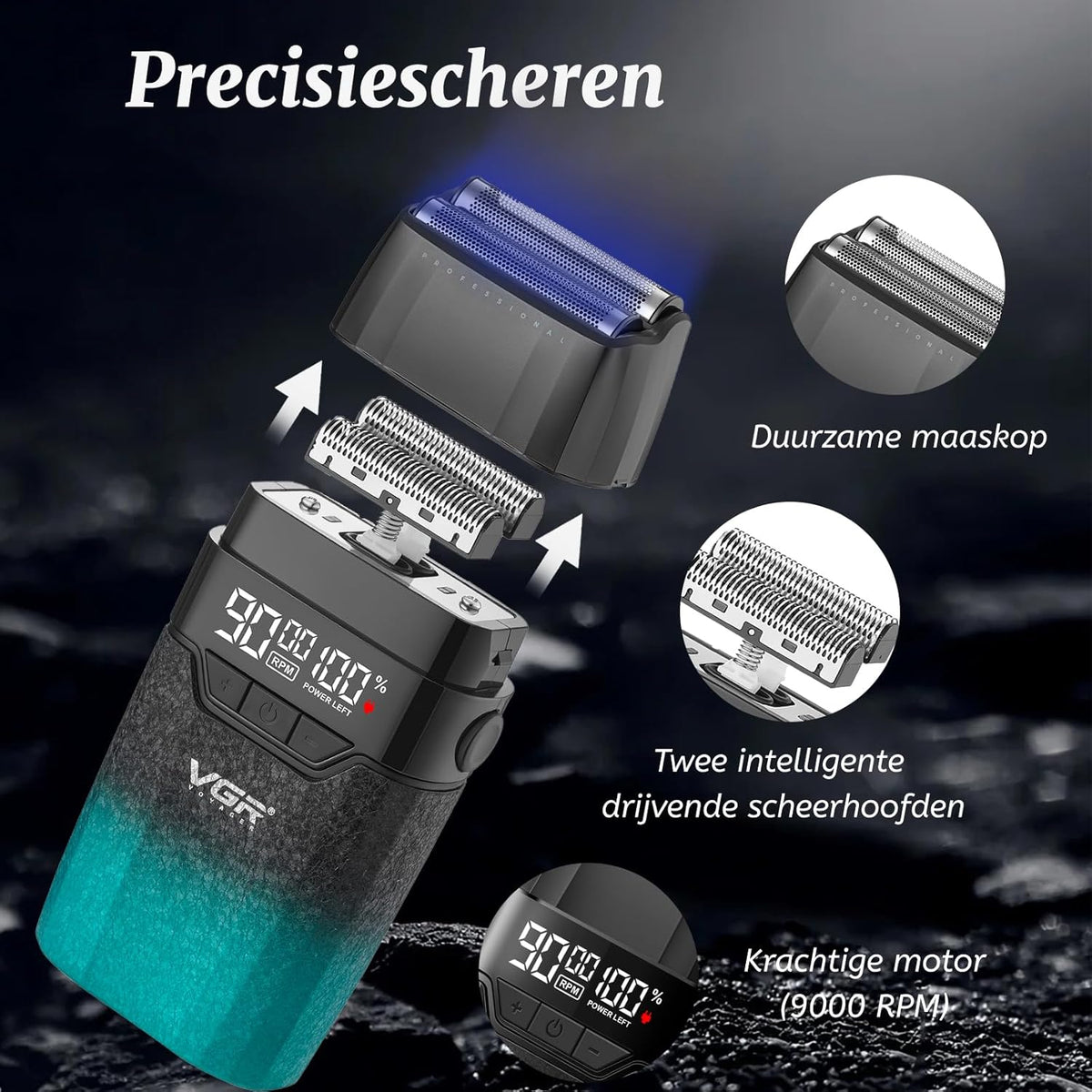 VGR 640 S3 Tondeuse voor Mannen, Oplaadbare Haarknipset, Professionele Fade Trimmer en Foil Scheerapparaat Set, Draadloze Haarverzorgingsmachine met LED Display voor Barbers en Thuisgebruik, Groen