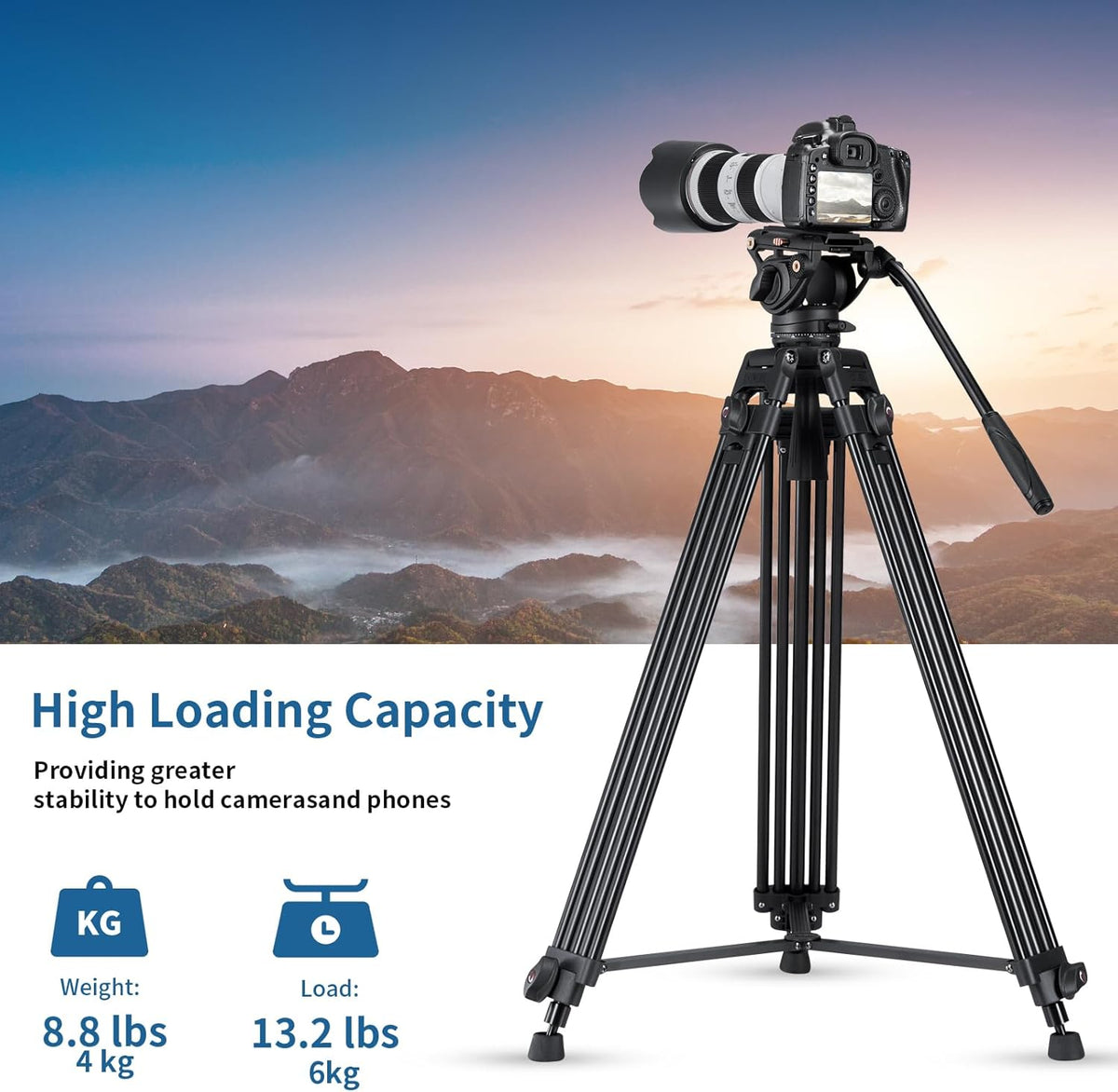 Videostatief – Camerastatief – Filmstatief – DSLR Statief – 162,5 cm Aluminium – 360° Vloeistofkop en Mid-Level Spreader