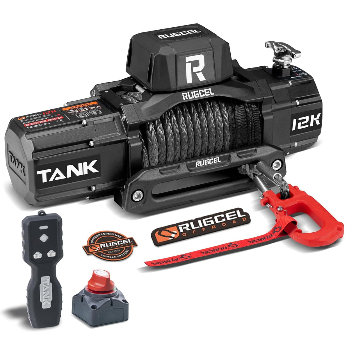 RUGCEL WINCH 12000LB(5443 kg) Waterdichte Elektrische Synthetische Touw Lier 12V met Hawse Fairlead, 2 in 1 Draadloze Afstandsbediening, Dubbele Kleur Touw, voor Truck SUV