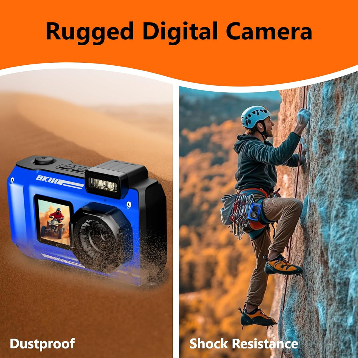 MaxMango 8K 70MP digitale camera 33FT onderwatercamera, 64GB digitale camera om te snorkelen, 18x dubbel scherm, selfies, robuust, stofdicht, schokbestendig, autofocus