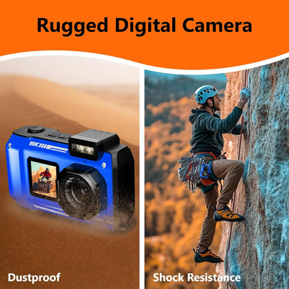 MaxMango 8K 70MP digitale camera 33FT onderwatercamera, 64GB digitale camera om te snorkelen, 18x dubbel scherm, selfies, robuust, stofdicht, schokbestendig, autofocus