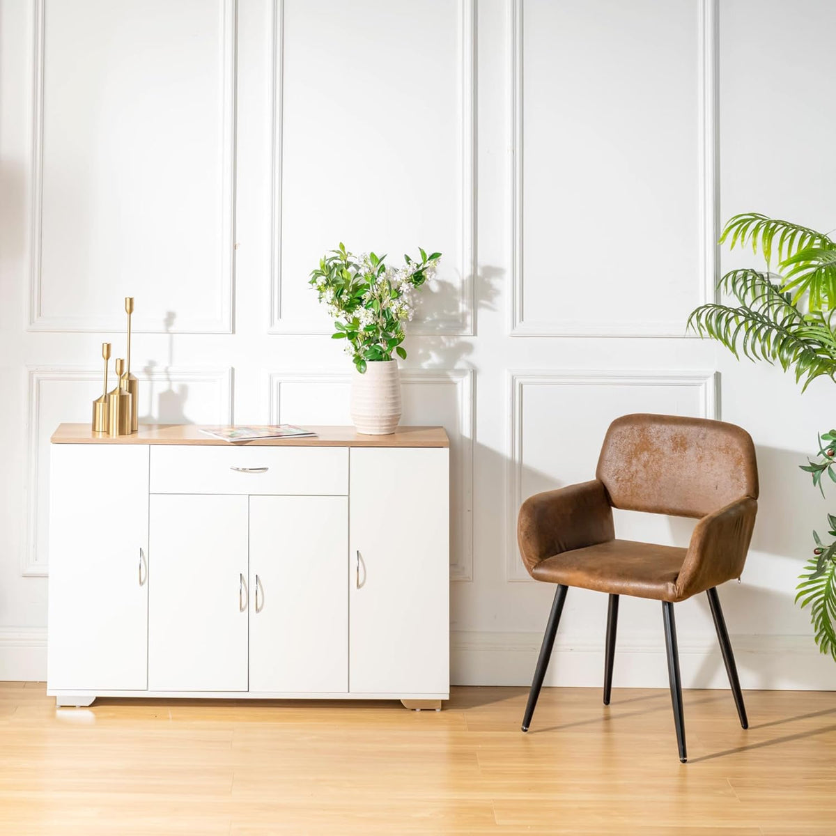 FurnitureR Multi-Storage Unit, Sideboard, Keukenkast, Cupboard met 4 Deuren 1 Drawer, Grote Plankruimte voor Woonkamer, Entrance, Opbergmeubels voor Woonkamer Houten Top, 118 x 30 x 70 cm, Wit