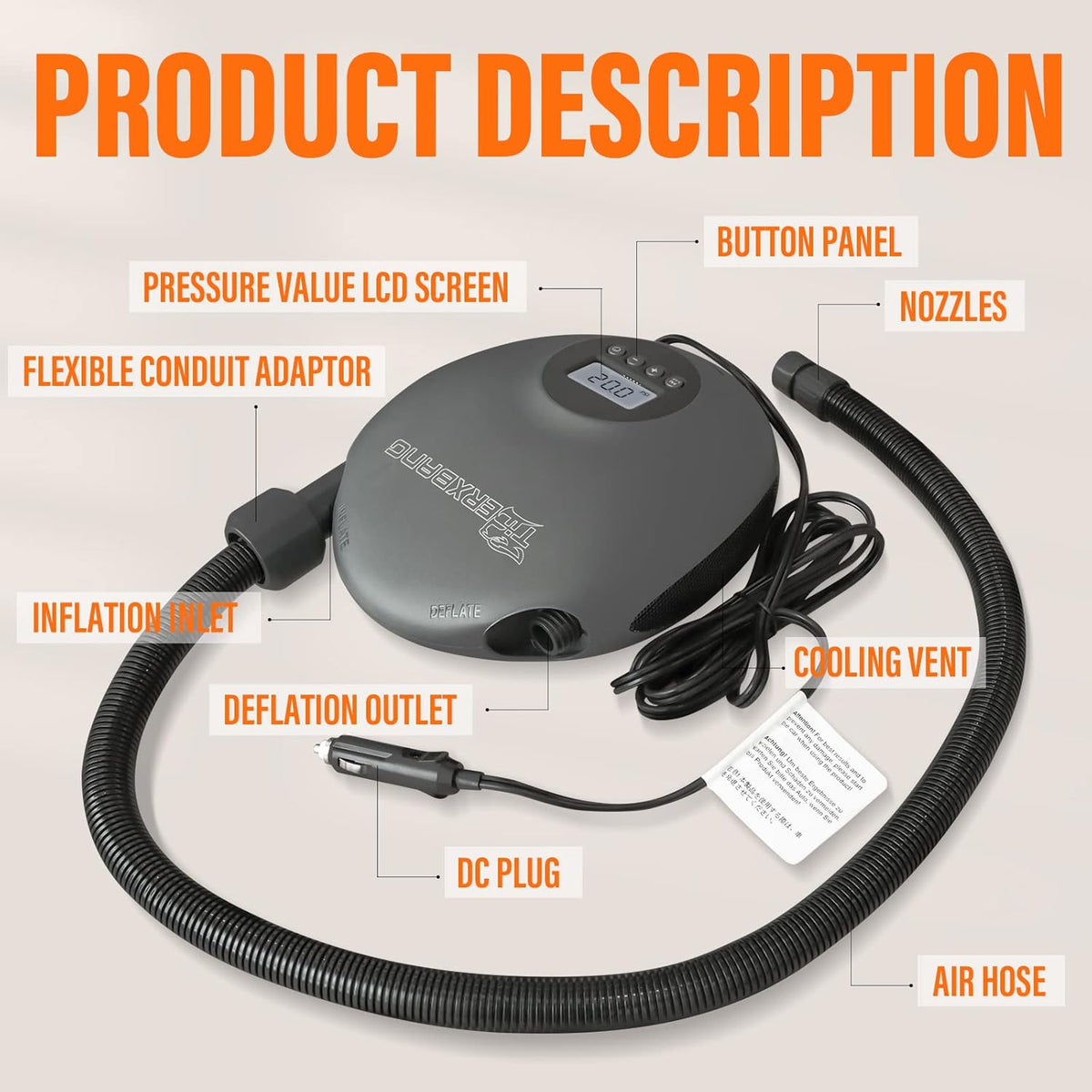 TIGERXBANG Elektrische SUP-pomp, 20 psi, hogedruk-peddelboardpomp met draagbaar digitaal lcd-scherm, elektrische luchtpomp voor opblaasbare -12 V DC auto-aansluiting, auto-off-functie