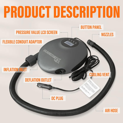TIGERXBANG Elektrische SUP-pomp, 20 psi, hogedruk-peddelboardpomp met draagbaar digitaal lcd-scherm, elektrische luchtpomp voor opblaasbare -12 V DC auto-aansluiting, auto-off-functie