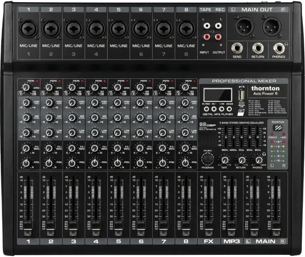 8-Kanaals Vermogensmixer – Mixer – Mengpaneel – PA-Mixer – Versterkermixer – Geïntegreerde Versterker – Bluetooth-Streaming, USB/SD & MP3