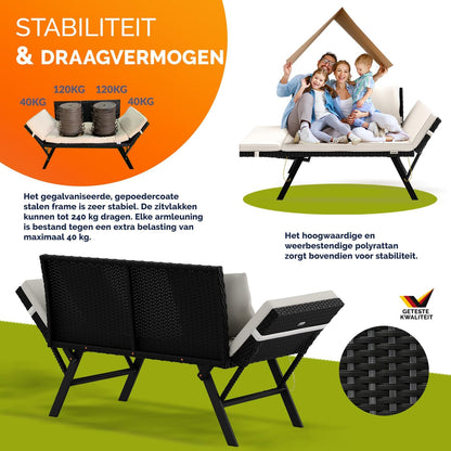 Casaria Polyrattan Garden Bench with Reclining Function Cushion Adjustable Armrests Weatherproof Garden Terrace Balcony Black - QUORE