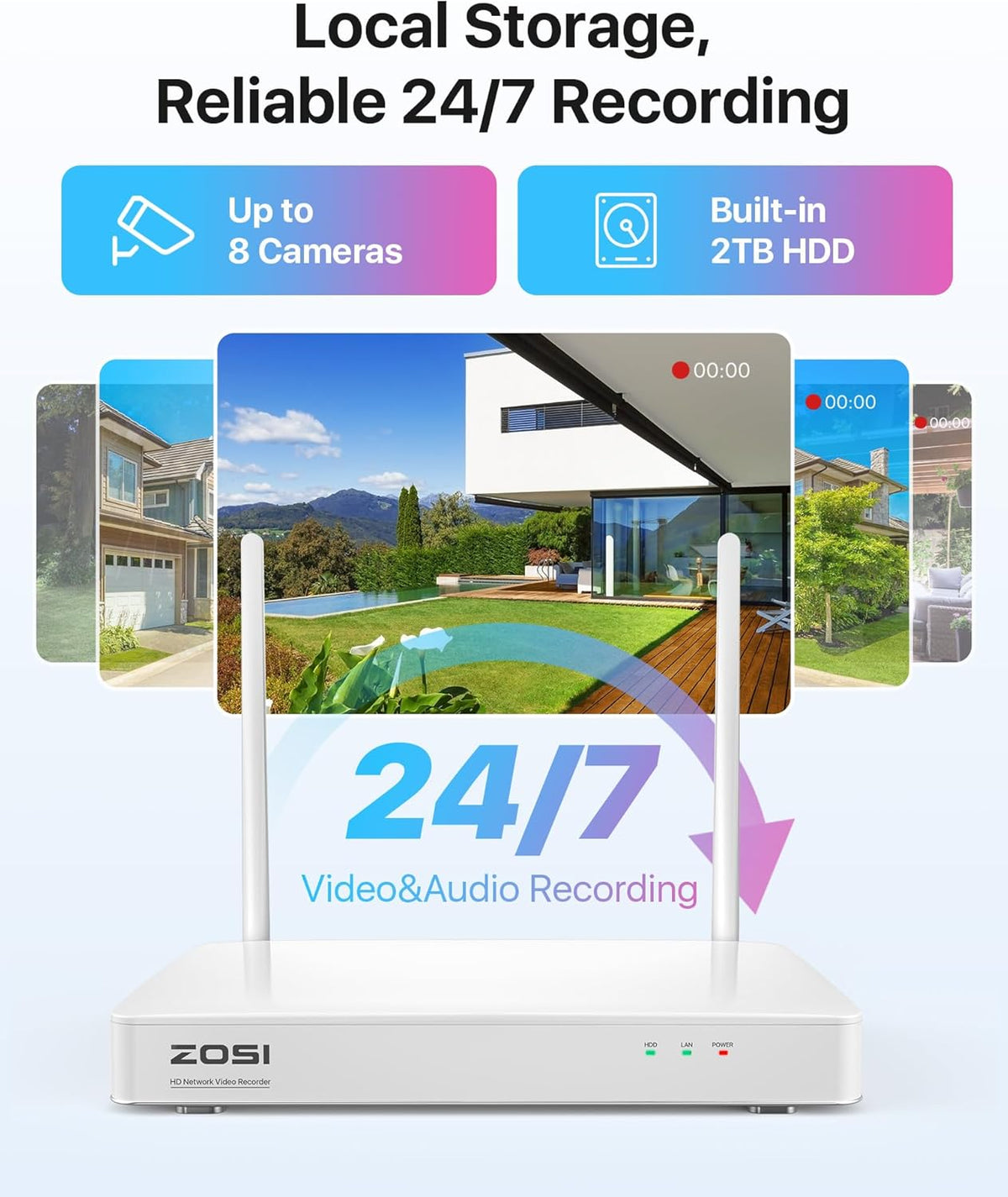 4MP WiFi Buitencameraset – Draadloze Beveiligingscamera – Surveillance Systeem – Buiten Camera Kit – 2TB Opslag – Gekleurd Nachtzicht & Persoonsdetectie