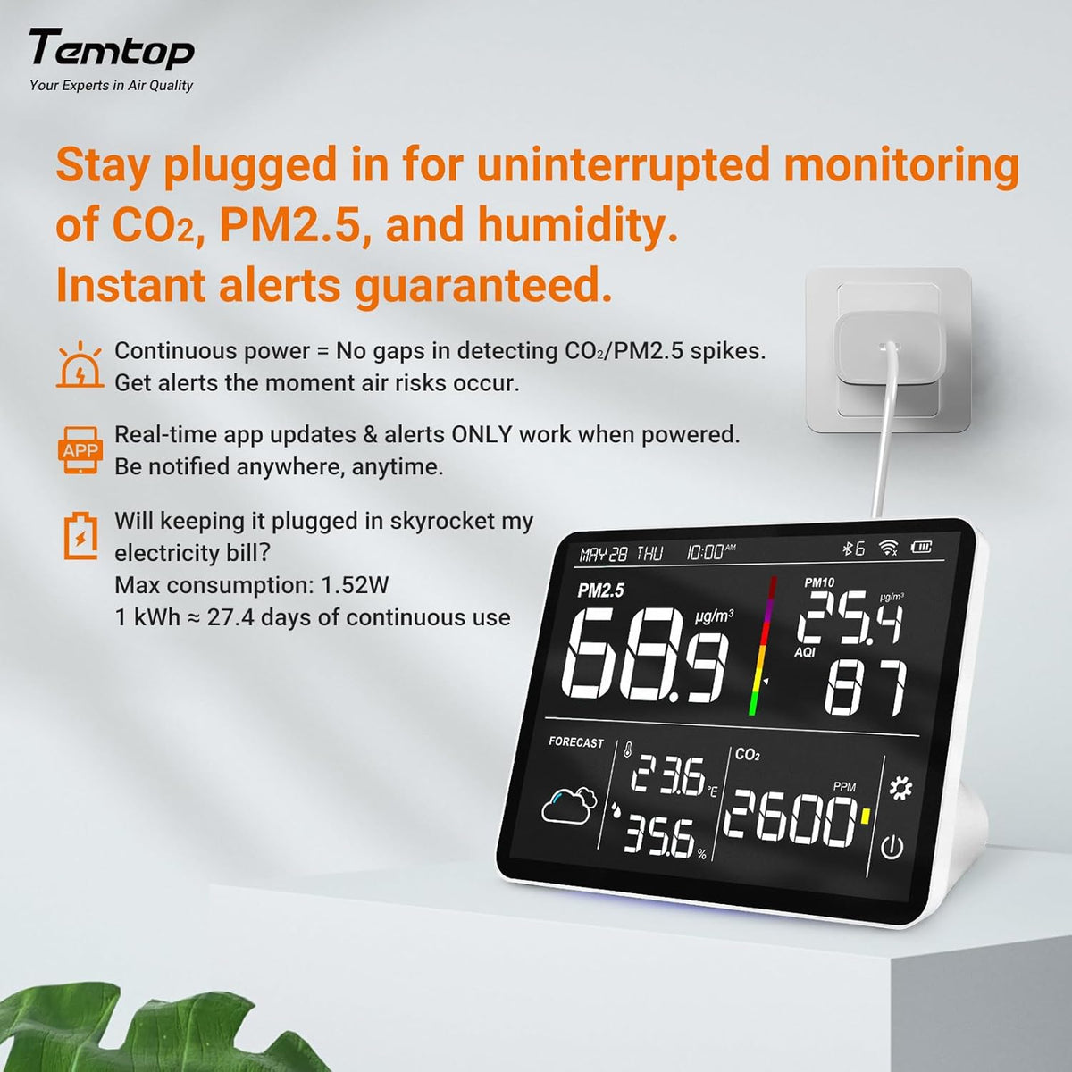 Temtop M100-UP Luchtkwaliteitsmeter, weerstation, 2,4 G wifi, bluetooth-thermometer met app, 8-in-1 luchtkwaliteitsmeter (PM2.5/CO2/temperatuur/vochtigheid)