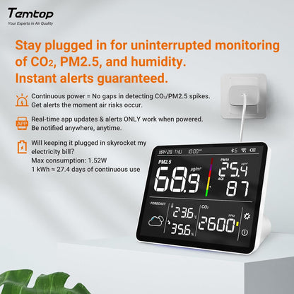 Temtop M100-UP Luchtkwaliteitsmeter, weerstation, 2,4 G wifi, bluetooth-thermometer met app, 8-in-1 luchtkwaliteitsmeter (PM2.5/CO2/temperatuur/vochtigheid)