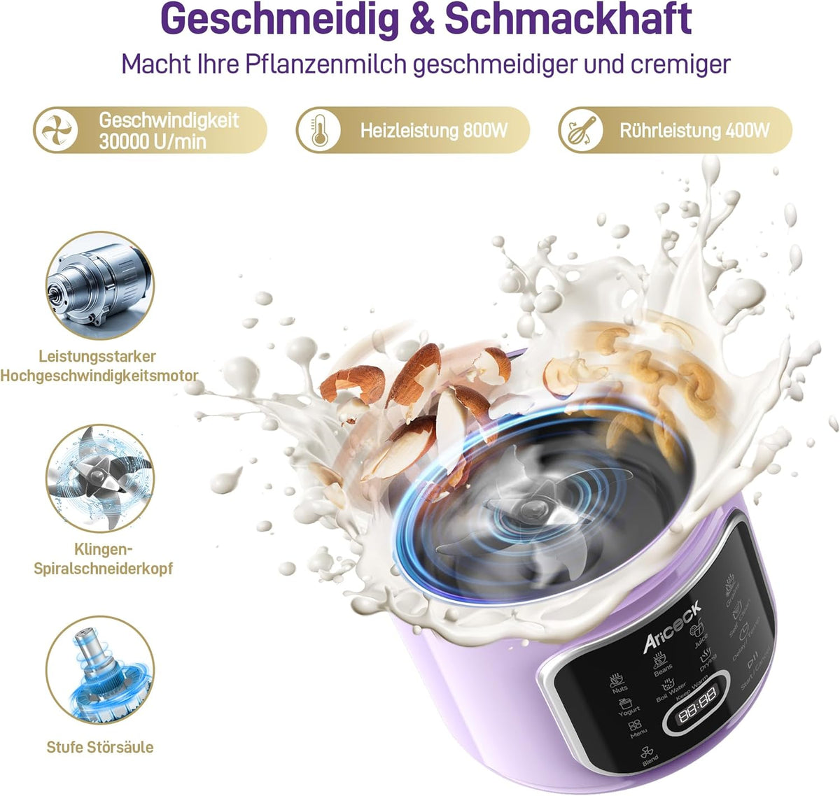 N4 Sojamelkmachine met zelfreinigende functie, ideaal voor amandelmelk, sojamelk en smoothies, 800 W krachtige motor, inclusief receptenboek, BPA-vrij