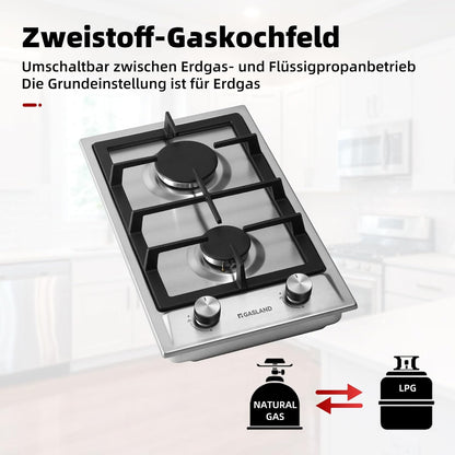 GASLAND GH30SF Gaskookplaat inbouw roestvrij staal gasfornuis 2 vlammen, 30 cm gasinbouw zelfvoorzienend gaskookplaat, butaangasfornuis 4200 Watt, LPG/aardgas
