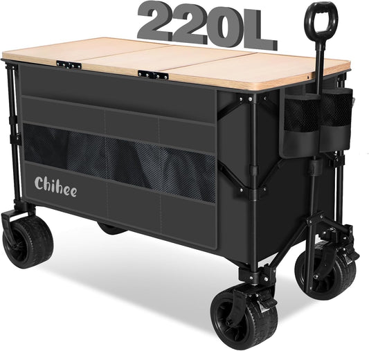 Chihee Opvouwbare tuinwagen, strandwagen, opvouwbaar, grote capaciteit, 220 l, draagbare trolley met wielen voor alle terreinen, met oversized tas, 1 bureau, opvouwbaar, 2 drankhouders