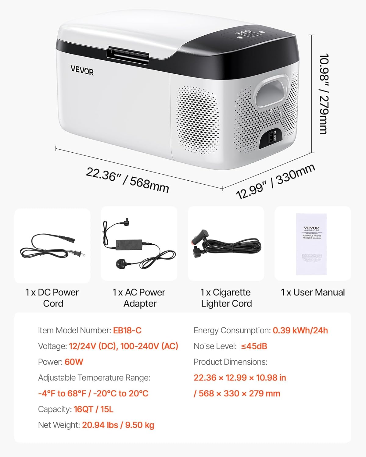 VEVOR Draagbare elektrische koelkast voor auto, 15 l, mini-compressor, DC 12 V, 24 V, met koud- en warme modus, app-bediening, compact en schokbestendig ontwerp, voor camper, vrachtwagen, boot