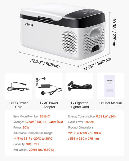 VEVOR Draagbare elektrische koelkast voor auto, 15 l, mini-compressor, DC 12 V, 24 V, met koud- en warme modus, app-bediening, compact en schokbestendig ontwerp, voor camper, vrachtwagen, boot