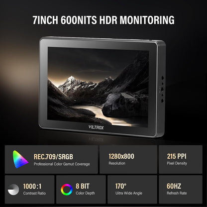 Cameramonitor – Field Monitor – Externe Monitor – Camerascherm – Videomonitor – 7 Inch IPS Touchscreen – 600 Nit Helderheid – 4K HDMI Input en Loop-Out