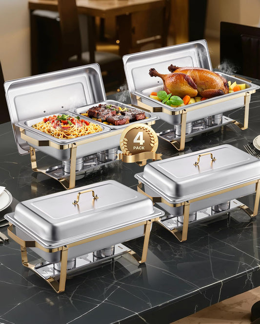 Buffetset – Buffetverwarmer – Chafing Dish – Warmhoudpan – Warmhoudset – Goudkleurig RVS – 2x 7,5 L + 4x 4 L Bakken