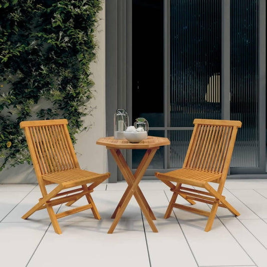 Tidyard Set of 3 for Dining Room, Bistro, Garden, Collapsible Teak Wood, Wooden Table and Garden Chairs, Square Table and 2 Folding Outdoor Chairs, Wooden - QUORE