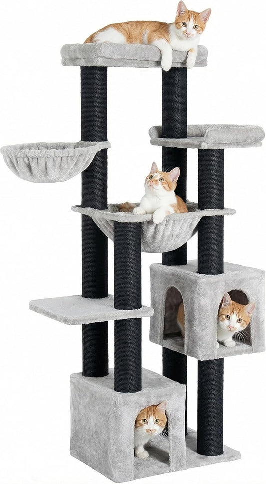 Krabpaal groot, 164 cm krabpaal voor grote katten, stabiel met 11 cm D-stammen, 2 hangmatten, 2 pluche platforms, 2 holletjes, meerlaagse kattenboom voor grote katten zoals Maine-Coon-kat