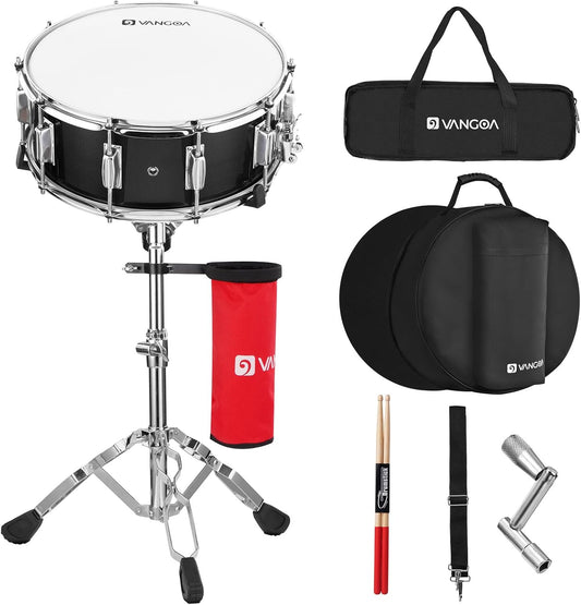 Snaredrumset – Snaredrumstel, Snaredrum, Drumset, Drumkit – Compleet Met Standaard, Demperpad, Drumsticks En Tas – 14 Inch X 5,5 Inch, 6 Mm Populieren Ketel, Zwart