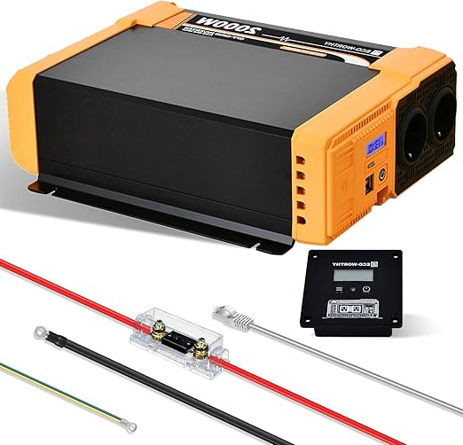 ECO-WORTHY 230 V pure sine wave inverter, 2000 W, built-in 18 W USB, 2 AC sockets, hard wire terminals, 100 A fuse - QUORE