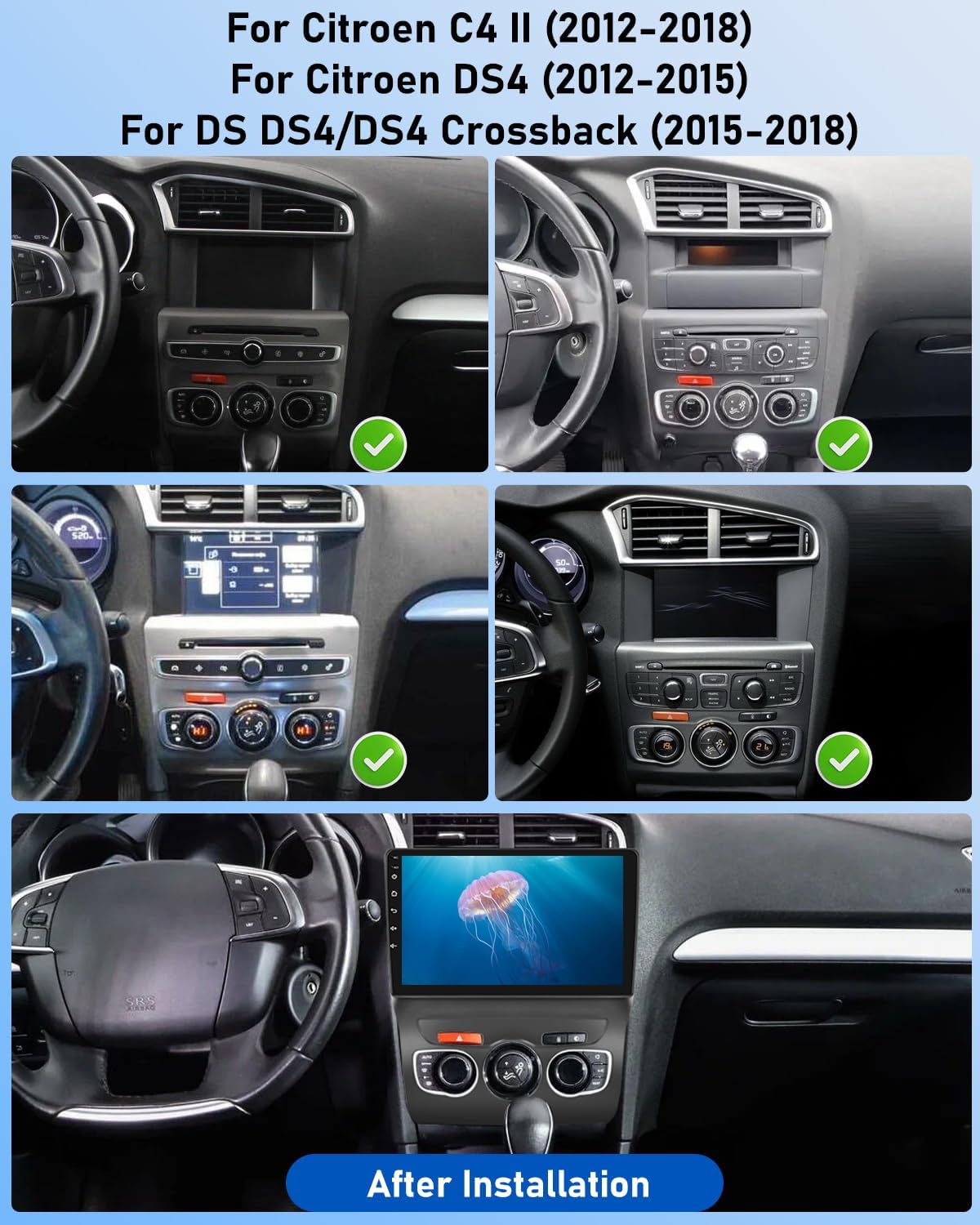 NHOPEEW 2G + 64G Autoradio voor Citroën C4 II / DS4 / DS4 Crossback 2011-2018, 9 inch touchscreen, draadloze CarPlay Android Auto, WLAN, GPS, FM, RDS, gedeeld scherm, SWC, AHD achteruitrijcamera