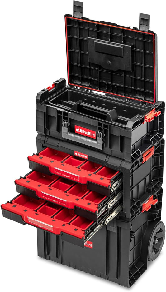 Stabiele Werkplaatswagen Met Wielen En Lade – Werkplaatswagen – Rolbox – Gereedschapskoffer – Mobiele Werkplaatskoffer – 3 Laden Met Metalen Telescopische Rails – Telescopische Aluminium Handgreep