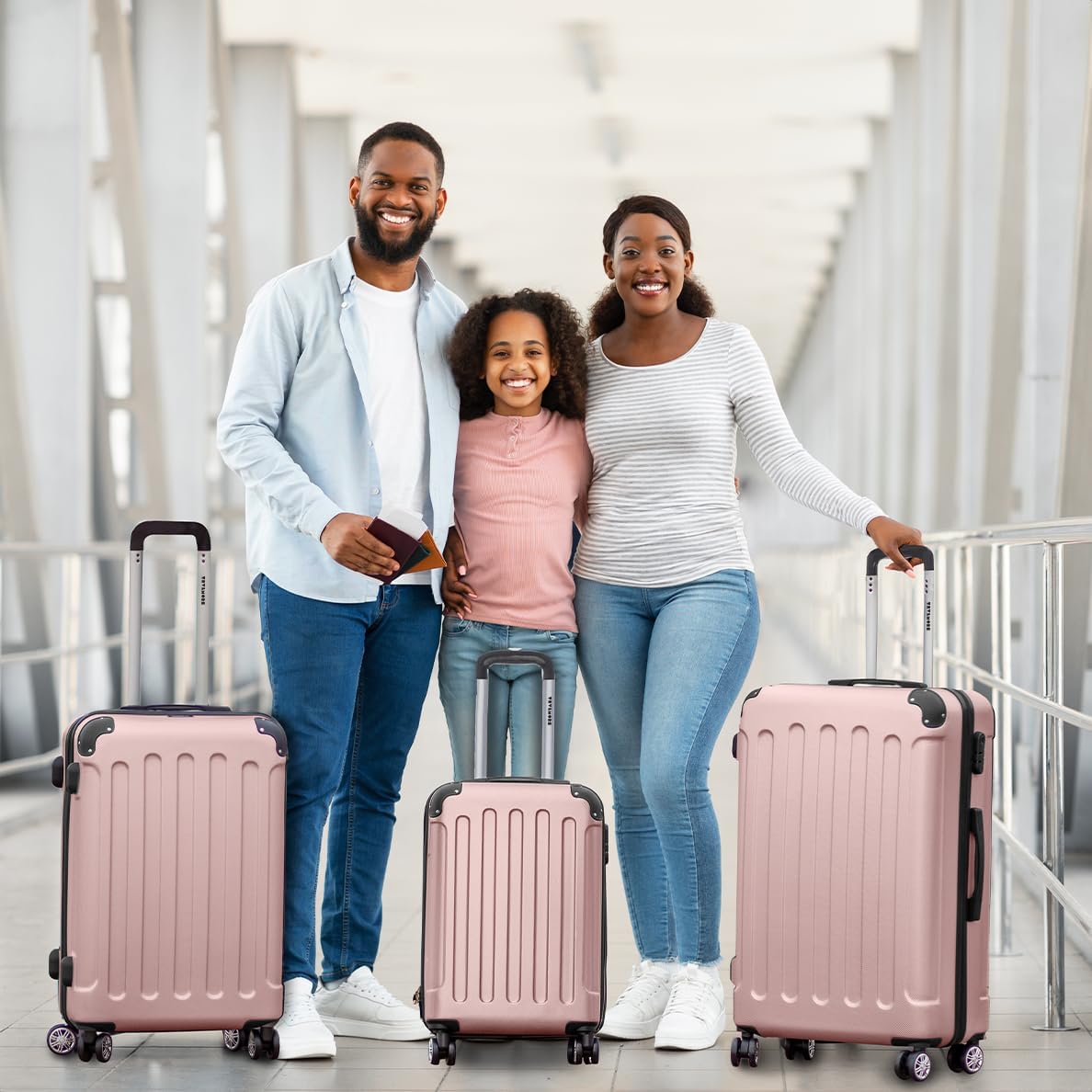 TRVLMORE Kofferset - 3 Delig - 38L Handbagage + 110L Ruimbagage - Lichtgewicht - Trolley - Reiskoffer Set - Roségoud