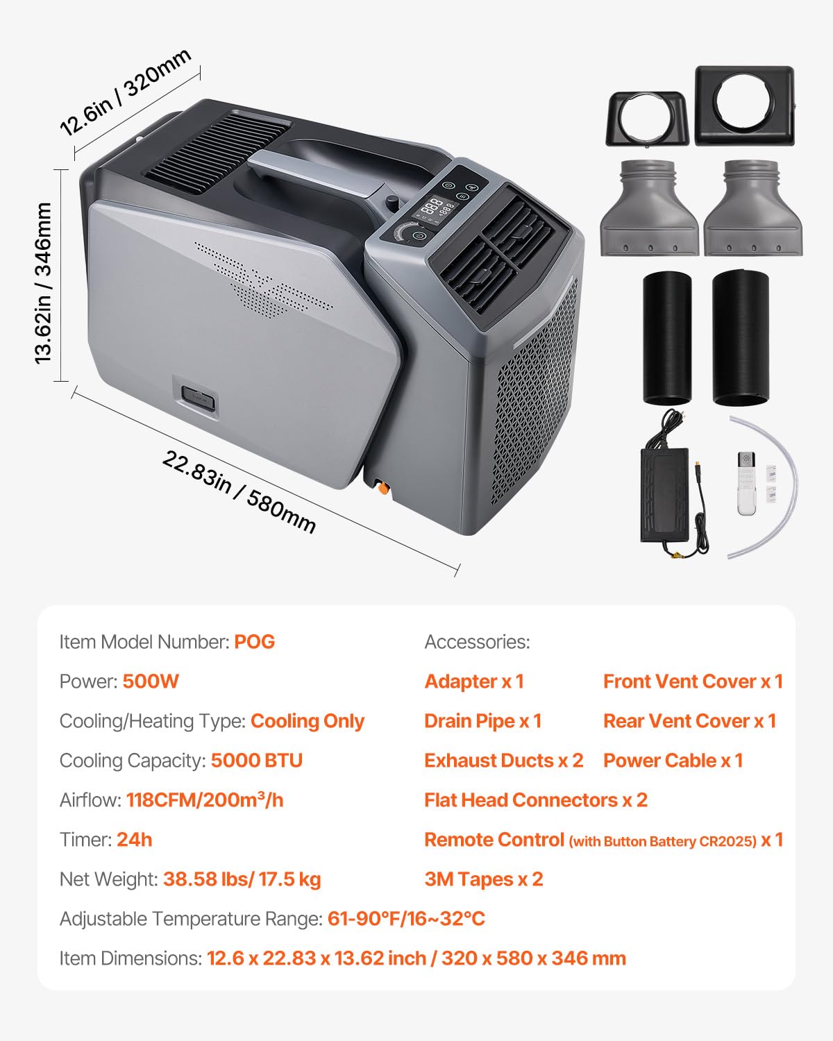 VEVOR Portable Air Conditioner, 1.46 kW·h, Air Cooler with 3 Speeds with 24 Hours Timer, Adjustable from 16-32°C, AC/DC Compatible for Outdoor Tent, Motorhome, Grey - QUORE