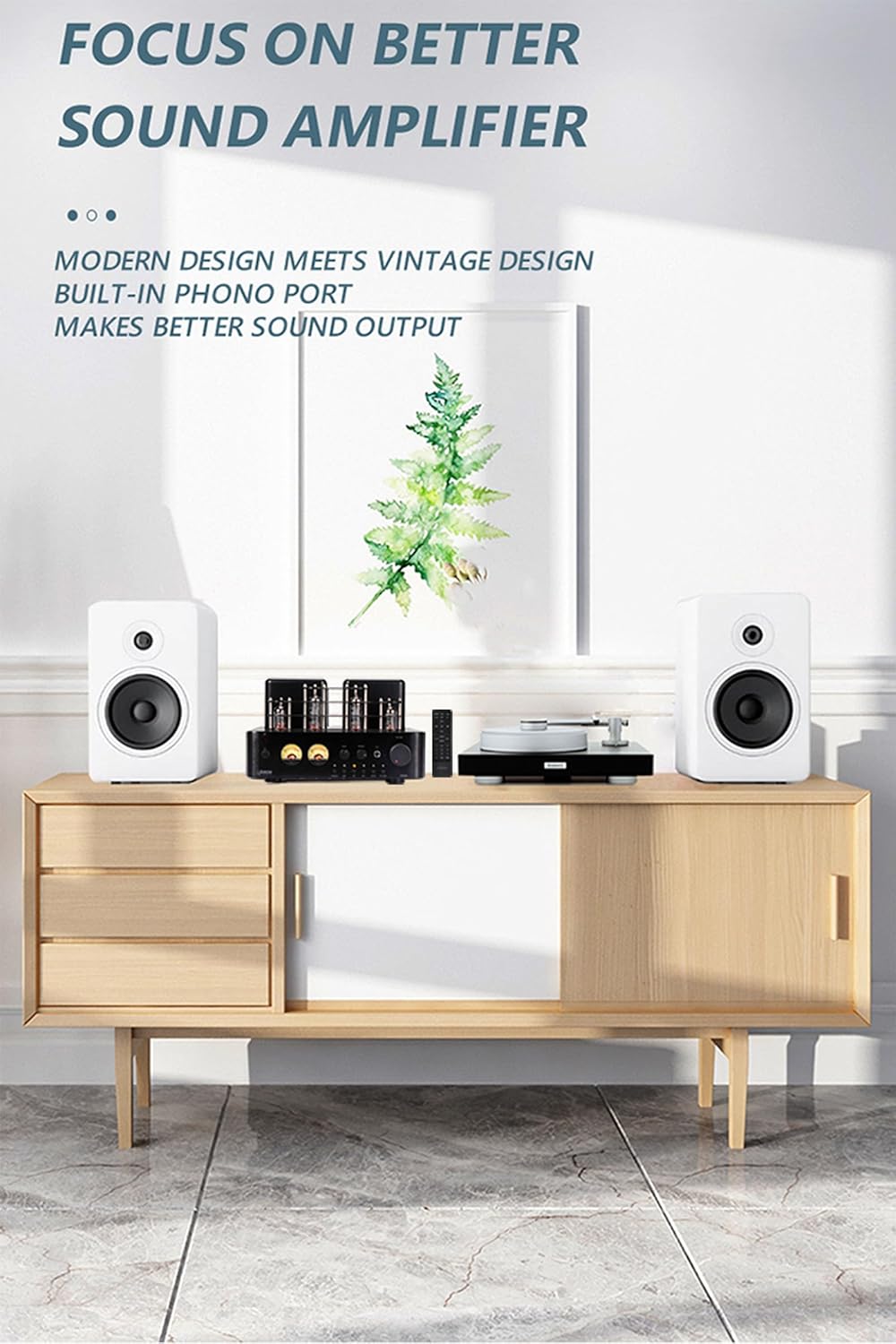 Juson Audio JTA50 Buisversterker Instapniveau Hifi-versterker met BT 5.0, afstandsbediening, AUX, COAX, Phono en USB-ingang, subwoofer uit, 2.1CH voor draaitafel (JTA50)