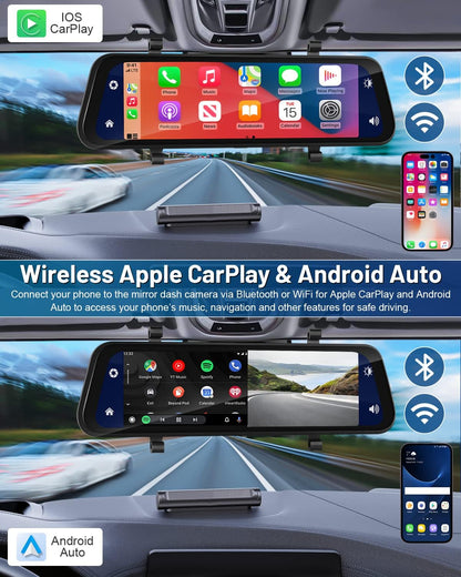 Dashcam autospiegel – Spiegel dashcam – Achteruitkijkspiegel dashcam – Autospiegel camera – Achteruitrijcamera – 9,66 inch IPS-touchscreen – CarPlay en Android Auto
