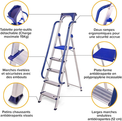 Hostrom Trapladder, 5 treden, versterkt aluminium, beveiligd met leuningen, gereedschapshouder, platformhoogte 112 cm, belasting 150 kg