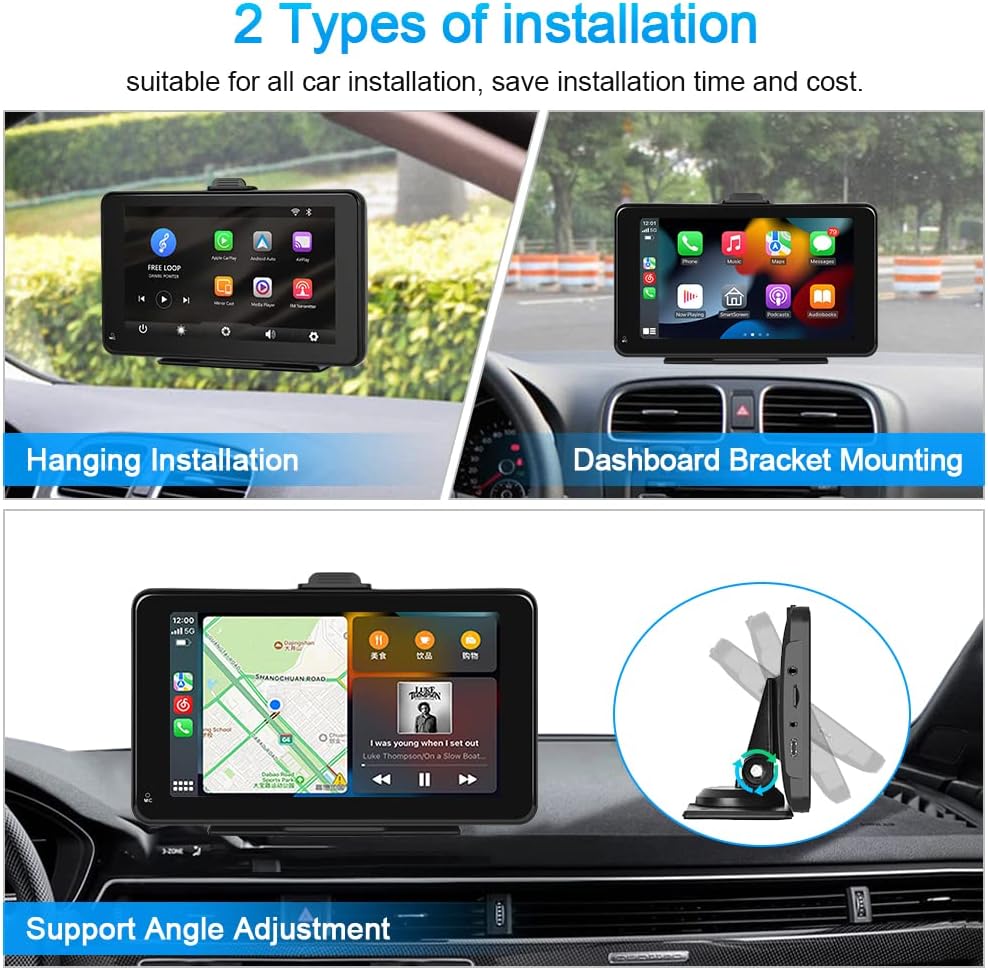 Podofo Nieuwe Draagbare Sutoradio 7 inch Autoradio-Ontvanger met Draadloze Apple Carplay Android Auto Apple Airplay, Bluetooth,Spiegellink,FM-radio,Dashboard Voorruit Verticaal of Zuignaphouder