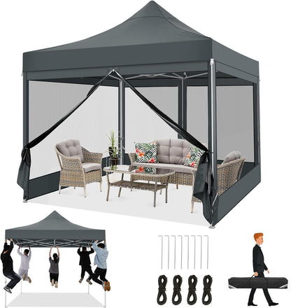 TOOLUCK Heavy Duty pop-up luifeltent met 4 zijwanden, commercieel tuinhuisje, feesttent met klamboe, muur, eenvoudig op te zetten, outdoor instantschermtent voor achtertuin, terras, tuin, grijs