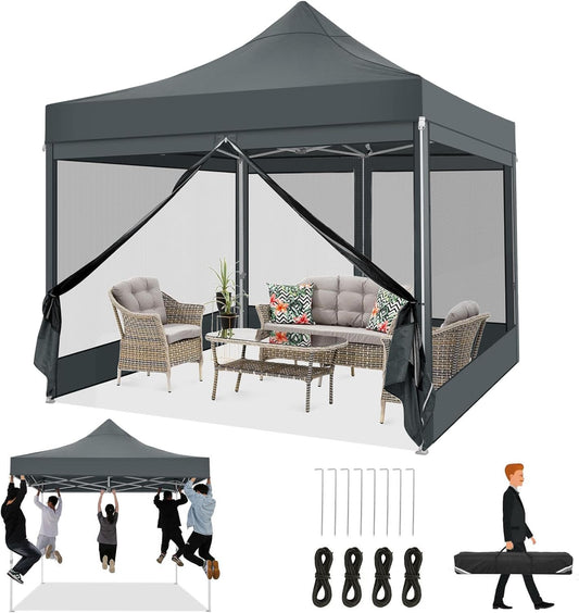 TOOLUCK Heavy Duty pop-up luifeltent met 4 zijwanden, commercieel tuinhuisje, feesttent met klamboe, muur, eenvoudig op te zetten, outdoor instantschermtent voor achtertuin, terras, tuin, grijs