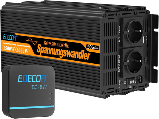 12V Naar 230V Omvormer – Spanningsomzetter – Inverter – Wisselrichter – Zuivere Sinus Omvormer – 1500W Capaciteit – Wifi App Bediening – 2 USB Poorten - QUORE