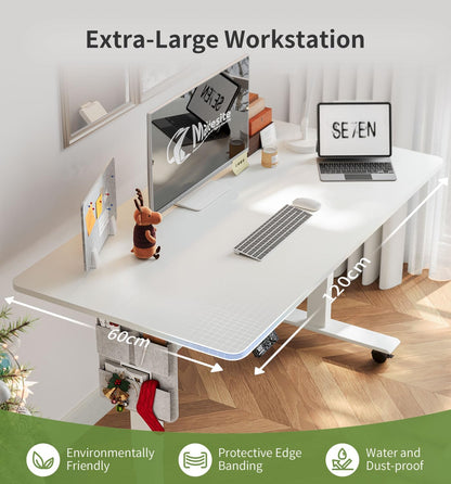 MAIDeSITe Height Adjustable Desk (120 x 60cm) Easy to Assemble Desk Height Adjustable Electric with 4 Memory Buttons and Memoboard and 360° Wheels Desk SN1 - QUORE