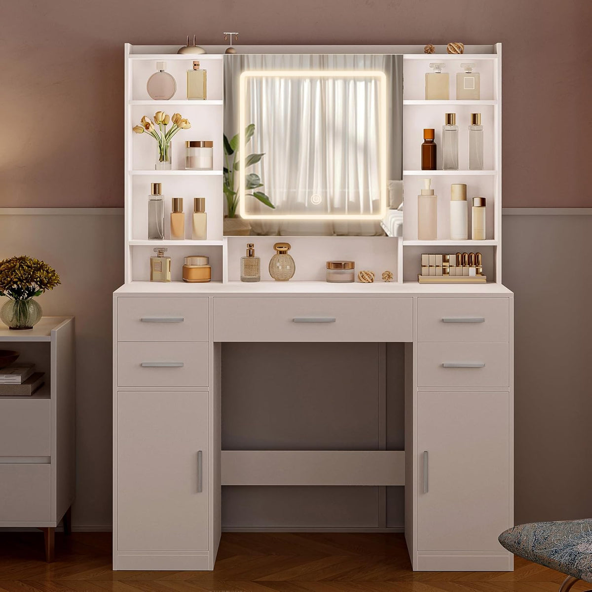 108cm Dressing Table with Mirror, Dressing Table with 3 Color LED Lighting, Makeup Desk with Hidden Shelves, 5 Drawers, 2 Cabinets and 9 Open Shelves, For Bedroom, White - QUORE
