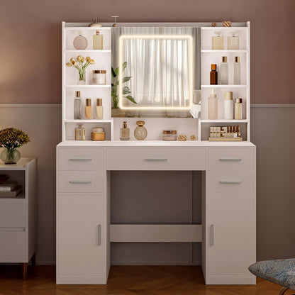 108cm Dressing Table with Mirror, Dressing Table with 3 Color LED Lighting, Makeup Desk with Hidden Shelves, 5 Drawers, 2 Cabinets and 9 Open Shelves, For Bedroom, White - QUORE