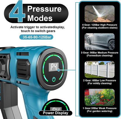 Hogedrukreiniger, 3000 W, borstelloze motor, 4-snelheden, max. 125 bar, mobiele drukreiniger met 2 x 4,0 Ah batterijen, 6-in-1 en 180 graden draaibaar mondstuk, schuimsproeier, reinigingsborstel