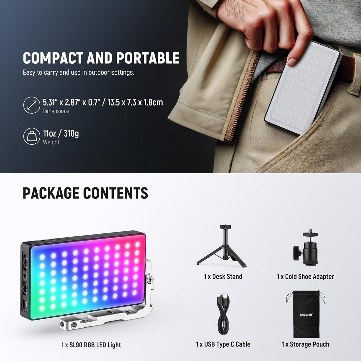 NEEWER Videolamp RGB 12 W, LED-paneel voor streaming, selfie, 2500 K-10.000 K, CRI97+, app/2.4G-bediening, batterij 4300 mAh, bureauhouder voor vlogging, video-opname, podcast, SL90