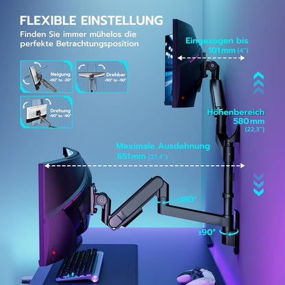 ARES WING Monitor muurbeugel 2 monitoren, voor Ultra Wide 24-57 inch beeldschermen, 27 kg/arm, VESA 75/100, gasdrukveer, pc-monitor, volledige verstelbare monitorhouder voor kantoor en gaming