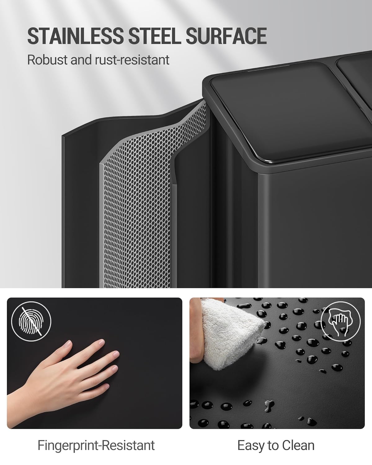 Hzuaneri Garbage Separation System for Kitchen, 3 Compartments, 45L (3 x 15 L), Stainless Steel Kitchen Waste Bin, Pedal Bin with Colour-Codable Pedals, Waste Bin, Quiet Slow Descent, Black